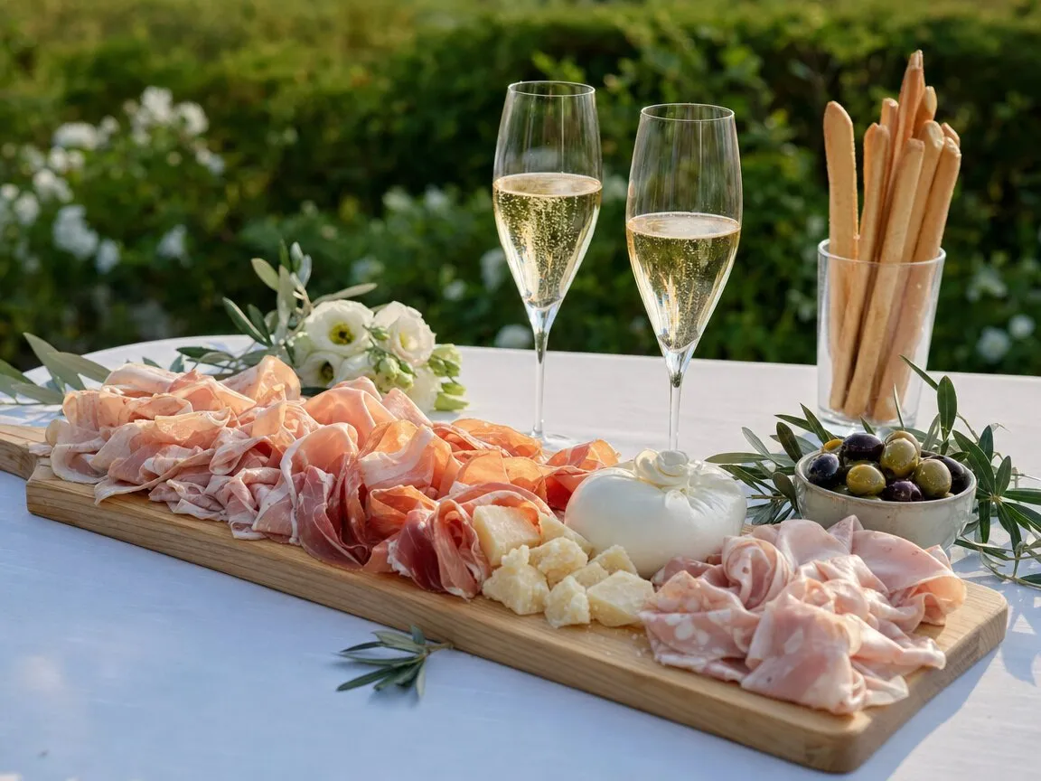 Planche de jambon cru et de charcuteries, parmesan, burrata, olives et gressins, avec deux flûtes de vin pétillant, sur une table dressée dans un jardin