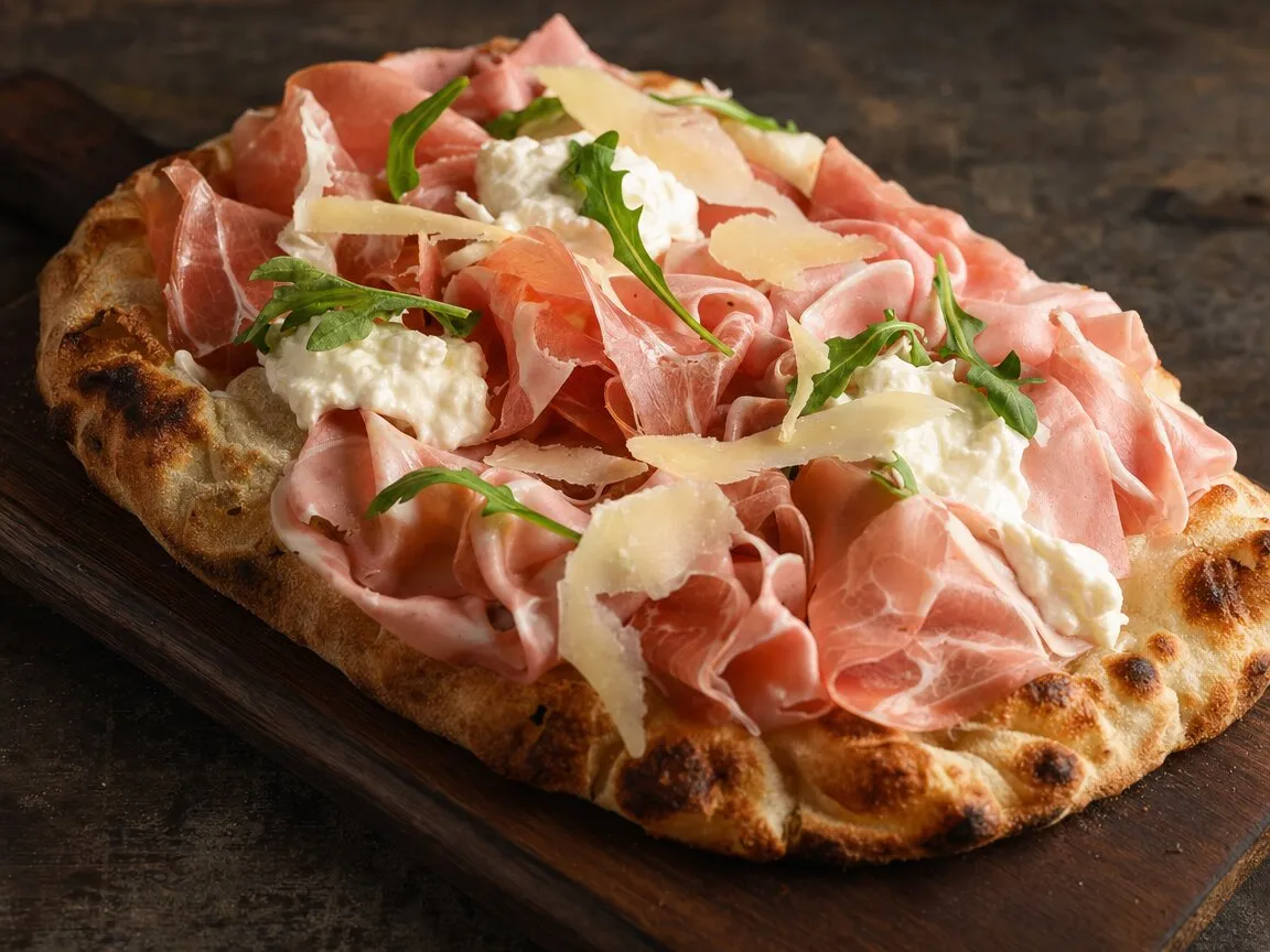 Pinsa ovale garnie de jambon cru, de stracciatella, de copeaux de fromage et de roquette
